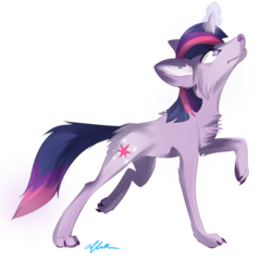 Size: 1181x1181 | Tagged: safe, artist:affanita, twilight sparkle, wolf, g4, female, horn, magic, snoozy sour, solo, species swap, twiwolf, wolfified