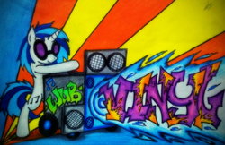 Size: 1024x663 | Tagged: safe, artist:canvymamamoo, dj pon-3, vinyl scratch, g4, bass cannon