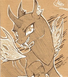 Size: 425x486 | Tagged: safe, artist:mi-eau, changeling, monochrome, quadrupedal, solo