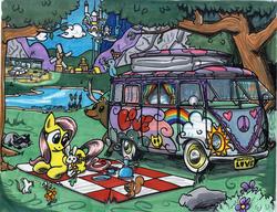 Size: 3312x2548 | Tagged: safe, artist:sketchywolf-13, angel bunny, fluttershy, bee, bird, deer, mouse, pegasus, pony, raccoon, squirrel, g4, canterlot, car, carrot, cup, female, flower, hippie, hippieshy, mare, microbus, peace sign, picnic, ponyloaf, ponyville, traditional art, van, vehicle, volkswagen, volkswagen type 2