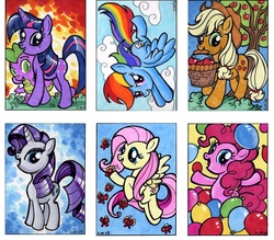 Size: 1717x1502 | Tagged: safe, artist:kapow2003, applejack, fluttershy, pinkie pie, rainbow dash, rarity, spike, twilight sparkle, butterfly, g4, apple, balloon, basket, carrying, cloud, cloudy, flying, mane seven, mane six, mouth hold, traditional art, tree