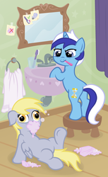 Size: 600x980 | Tagged: safe, artist:broccolimeansfun, derpy hooves, minuette, pegasus, pony, g4, butt, duo, female, mare, mirror, plot, soap, toothbrush, towel