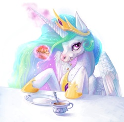 Size: 900x885 | Tagged: safe, artist:neboveria, princess celestia, pony, g4, coffee, cup, cupcake, drink, eating, female, food, magic, simple background, solo