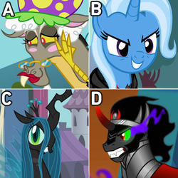 Size: 602x602 | Tagged: safe, discord, king sombra, queen chrysalis, trixie, a canterlot wedding, g4, keep calm and flutter on, magic duel, official, the crystal empire, facebook, granny discord, swimming pool, the hub, twitter