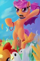 Size: 1200x1800 | Tagged: safe, artist:sokolas, scootaloo, chicken, g4, crossover, disgaea, etna, meme, scootachicken