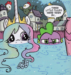 Size: 412x433 | Tagged: safe, artist:katie cook, idw, official comic, princess celestia, spike, cockatrice, g4, official, comic, cute, cutelestia, glare, hiding, wet, wet mane