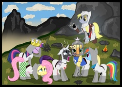 Size: 3624x2599 | Tagged: safe, artist:athos01, applejack, derpy hooves, fluttershy, rainbow dash, rarity, twilight sparkle, pegasus, pony, g4, assassin's creed, crossover, female, mare, monty python, monty python and the holy grail, parody