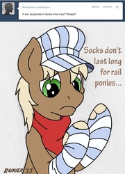 Size: 564x783 | Tagged: safe, artist:rainier, caboose, pony, g4, clothes, male, rail pony, sad, socks, solo, stallion, striped socks