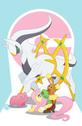 Size: 522x800 | Tagged: safe, artist:alienfirst, fluttershy, arceus, buneary, ditto, g4, crossover, pokémon