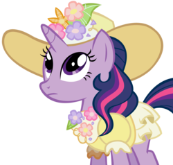Size: 1104x1052 | Tagged: safe, artist:purplefairy456, twilight sparkle, pony, unicorn, friendship is magic, g4, alternate hairstyle, clothes, dress, female, hat, simple background, solo, too yellow, transparent background, unicorn twilight, vector