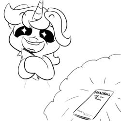 Size: 1000x1000 | Tagged: safe, artist:full stop, lyra heartstrings, pony, g4, black and white, female, grayscale, human fetish, humie, leaflet, monochrome, simple background, smiling, solo, starry eyes, white background, wingding eyes