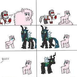 Size: 1000x1000 | Tagged: safe, artist:cyberagent369, queen chrysalis, oc, oc:fluffle puff, g4, bald, comic, fluffy