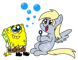 Size: 951x741 | Tagged: safe, artist:kukimao, derpy hooves, pegasus, pony, g4, bubble, bubble blower, bubble wand, crossover, duo, female, male, mare, open mouth, simple background, sitting, smiling, soap bubble, spongebob squarepants, spongebob squarepants (character), spread wings, transparent background, wings