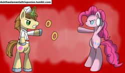 Size: 1280x742 | Tagged: safe, artist:novaspark, donut joe, pinkie pie, earth pony, pony, unicorn, g4, 30 minute art challenge, bipedal, donut, female, male, mare, stallion