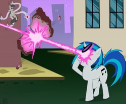 Size: 1280x1067 | Tagged: safe, artist:amaraburrger, dj pon-3, octavia melody, vinyl scratch, g4, crossover, cyclops (marvel), doctor octavia, doctor octopus, eye beams, marvel, optic blast, sonata du octave, vyclops, x-men