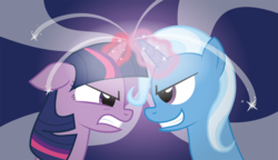 Size: 1200x692 | Tagged: safe, artist:spacekingofspace, trixie, twilight sparkle, pony, unicorn, g4, angry, duo, faceoff, grin, gritted teeth, horn, magic, sparking horn, teeth