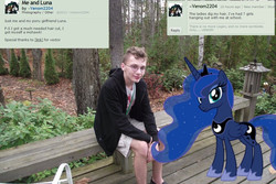 Size: 1024x682 | Tagged: safe, artist:venom2204, princess luna, human, g4, acne, brony, clothes, crocs, glasses, interspecies, irl, irl human, mohawk, not this guy again, op is a duck, photo, photoshop, ponies in real life, shorts, sweatshirt, text