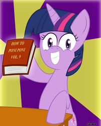 Size: 1696x2108 | Tagged: safe, artist:senx, twilight sparkle, pony, g4, book, female, grin, hoof hold, looking at you, poni, smiling, solo, squee, wide eyes