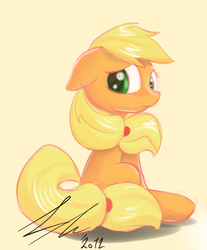 Size: 623x752 | Tagged: safe, artist:strangemoose, applejack, earth pony, pony, g4, covering, female, looking back, sitting, solo