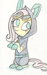 Size: 1609x2531 | Tagged: safe, artist:infinitebadness, fluttershy, pegasus, pony, g4, bunny ears, clothes, cute, dangerous mission outfit, female, goggles, hoodie, mare, simple background, solo, traditional art