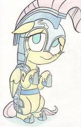 Size: 1622x2531 | Tagged: safe, artist:infinitebadness, fluttershy, pony, g4, armor, female, simple background, solo, traditional art