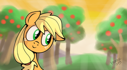 Size: 1694x936 | Tagged: source needed, safe, artist:killryde, applejack, earth pony, pony, g4, crepuscular rays, female, orchard, solo