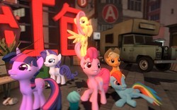 Size: 1280x800 | Tagged: safe, artist:hano, applejack, fluttershy, pinkie pie, rainbow dash, rarity, twilight sparkle, g4, 3d, adventure ponies, gmod, hong kong, land rover
