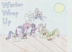 Size: 3501x2550 | Tagged: safe, artist:poknees, angel bunny, applejack, fluttershy, pinkie pie, rainbow dash, rarity, twilight sparkle, g4, winter wrap up, clothes, cloud, ice skates, mane six, sun, traditional art, vest