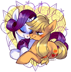 Size: 900x911 | Tagged: safe, artist:kunaike, applejack, rarity, earth pony, pony, unicorn, g4, blushing, eyes closed, female, freckles, lesbian, mare, one eye closed, ship:rarijack, shipping, smiling