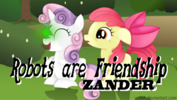 Size: 1777x1000 | Tagged: safe, artist:urdeh, apple bloom, sweetie belle, android, gynoid, pony, robot, robot pony, unicorn, friendship is witchcraft, g4, female, filly, floppy ears, foal, hooves, horn, open mouth, sitting, standing, sweetie bot, text, tree