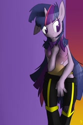 Size: 853x1280 | Tagged: safe, artist:cymek, twilight sparkle, anthro, g4, clothes, female, messy mane, solo, torn clothes