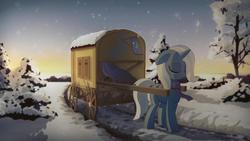 Size: 1920x1080 | Tagged: safe, artist:drnakedspaceman, artist:gign-3208, edit, trixie, pony, unicorn, g4, backlighting, cart, female, mare, snow, snowfall, solo, winter