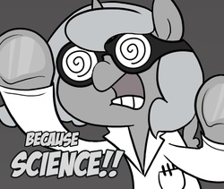Size: 665x561 | Tagged: safe, artist:egophiliac, edit, princess luna, pony, moonstuck, g4, cute, doctor woonsano, dr. insano, female, goggles, grayscale, monochrome, science, science woona, simple background, solo, woona