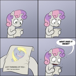 Size: 900x900 | Tagged: safe, artist:lemondevil, derpy hooves, sweetie belle, pegasus, pony, g4, creepy, exploitable meme, female, mare, meme, rape rodent, romantic, sweetie's note meme