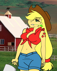 Size: 768x967 | Tagged: safe, artist:gizzymomo, applejack, human, g4, farm, female, humanized, solo