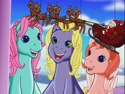 Size: 640x480 | Tagged: safe, screencap, daisyjo, minty, peachy pie (g3), earth pony, human, pony, reindeer, a very minty christmas, g3, derp, open mouth, santa claus, sleigh, that's what i love about christmas, trio