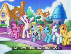 Size: 640x480 | Tagged: safe, screencap, bowtie (g3), gem blossom, moondancer (g3), rainbow dash (g3), skywishes, sunny daze (g3), earth pony, pony, a very minty christmas, g3, cute, daaaaaaaaaaaw, medal, subtitles