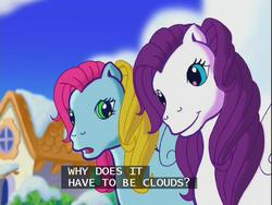Size: 640x480 | Tagged: safe, screencap, cloud climber, thistle whistle, pegasus, pony, a very minty christmas, g3, climberbetes, cloud, cloudy, cute, duo, duo female, female, mare, nephophobia, ponyville, smiling, subtitles, talking, thistlebetes