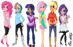 Size: 5100x3300 | Tagged: safe, artist:pa0oliitahw, applejack, fluttershy, pinkie pie, rainbow dash, rarity, twilight sparkle, human, g4, breasts, busty applejack, busty pinkie pie, busty rainbow dash, busty rarity, busty twilight sparkle, clothes, converse, dark skin, dress, female, flattershy, humanized, line-up, mane six, shoes, simple background, skinny, skirt, thin, transparent background