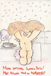 Size: 738x1087 | Tagged: safe, artist:slightlyshade, scootaloo, sweetie belle, g4, cute, cutealoo, pancakes, sprinkles, traditional art