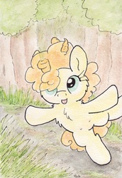 Size: 738x1075 | Tagged: safe, artist:slightlyshade, carrot top, golden harvest, pony, g4, carrot, crotchboobs, cute, cutie top, female, nipples, nudity, solo, teats, traditional art