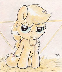 Size: 692x793 | Tagged: safe, artist:slightlyshade, applejack, earth pony, pony, g4, female, mouth hold, rope, sitting, solo, traditional art