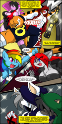 Size: 800x1600 | Tagged: safe, artist:mastergodai, rainbow dash, anthro, g4, big breasts, breasts, cameo, cleavage, cleavage fluff, cute, cute little fangs, fangs, furry, pony cameo, pony reference, rascals, webcomic