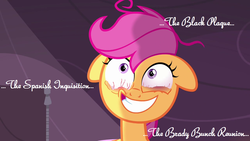 Size: 1280x720 | Tagged: safe, edit, edited screencap, screencap, scootaloo, pegasus, pony, g4, sleepless in ponyville, bloodshot eyes, bust, caption, power rangers, solo, text