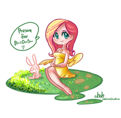 Size: 900x880 | Tagged: safe, artist:chch, angel bunny, fluttershy, g4, clothes, dress, humanized, present, winged humanization