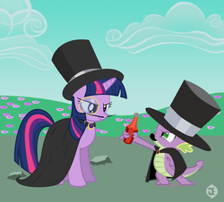 Size: 500x451 | Tagged: safe, artist:neodarkwing, spike, twilight sparkle, g4, cloak, clothes, evil, fake moustache, hat, ketchup, monocle, spikely whiplash, top hat