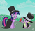 Size: 500x451 | Tagged: safe, artist:neodarkwing, spike, twilight sparkle, dragon, pony, unicorn, g4, cloak, clothes, duo, duo male and female, evil, facial hair, fake moustache, female, hat, ketchup, male, mare, monocle, moustache, spikely whiplash, top hat, unicorn twilight, wingless spike
