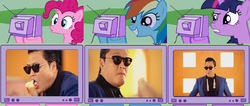 Size: 1674x712 | Tagged: safe, pinkie pie, rainbow dash, twilight sparkle, g4, exploitable meme, gangnam style, psy, tv meme