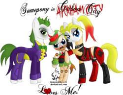 Size: 1014x788 | Tagged: safe, artist:someponytolove, arkham city, batman, harley quinn, ponified, scarface, the joker