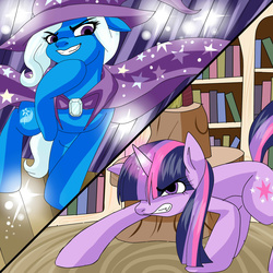 Size: 2000x2000 | Tagged: safe, artist:animecreator, trixie, twilight sparkle, g4, angry, ears back, glare, golden oaks library, grin, gritted teeth, library, magic, smiling, stage, standoff